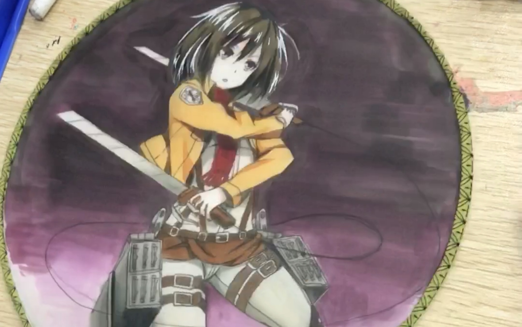 【手绘】进击的巨人-三笠 马克笔绢扇手绘