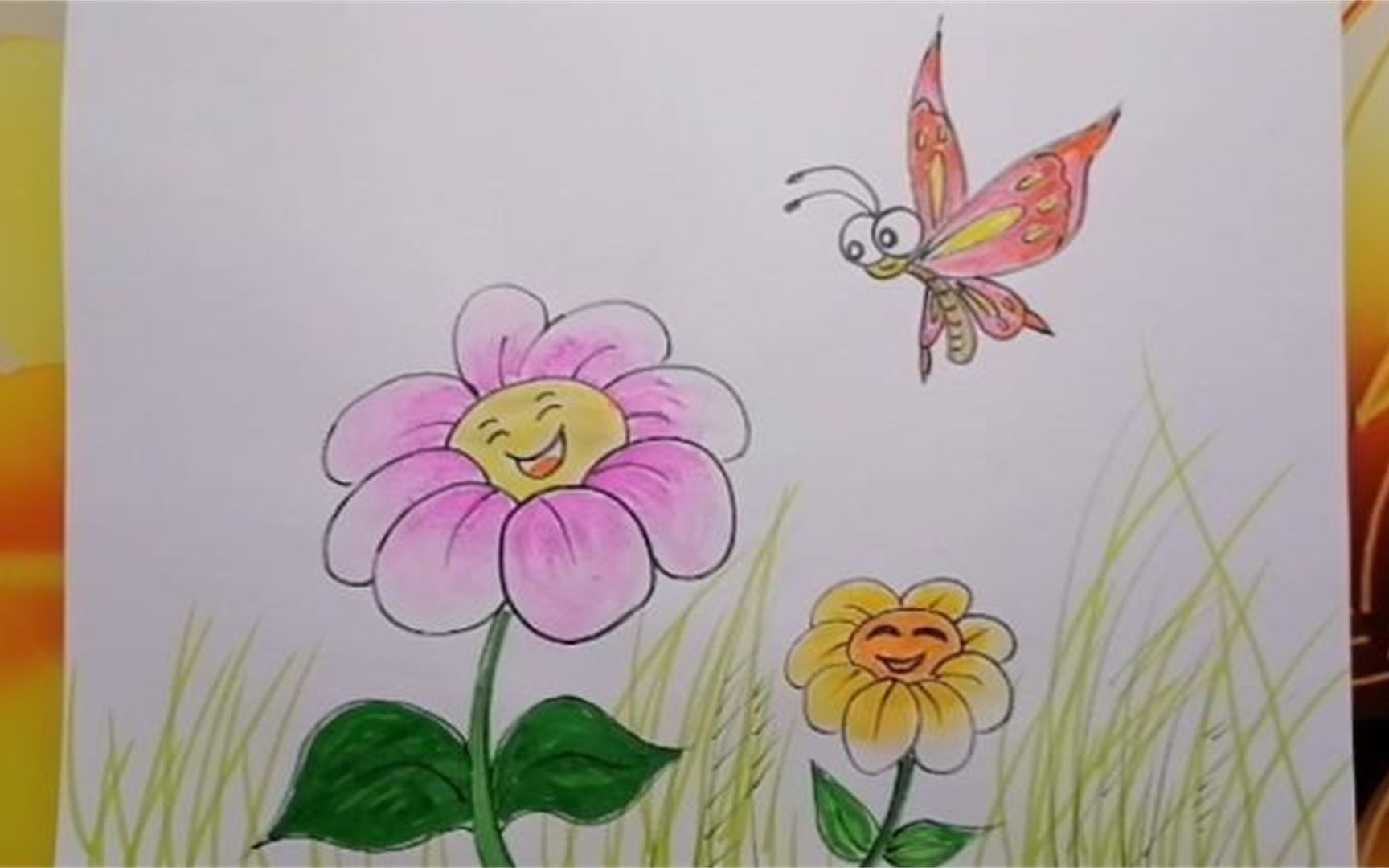 春暖花开时花朵和蝴蝶好开心儿童画