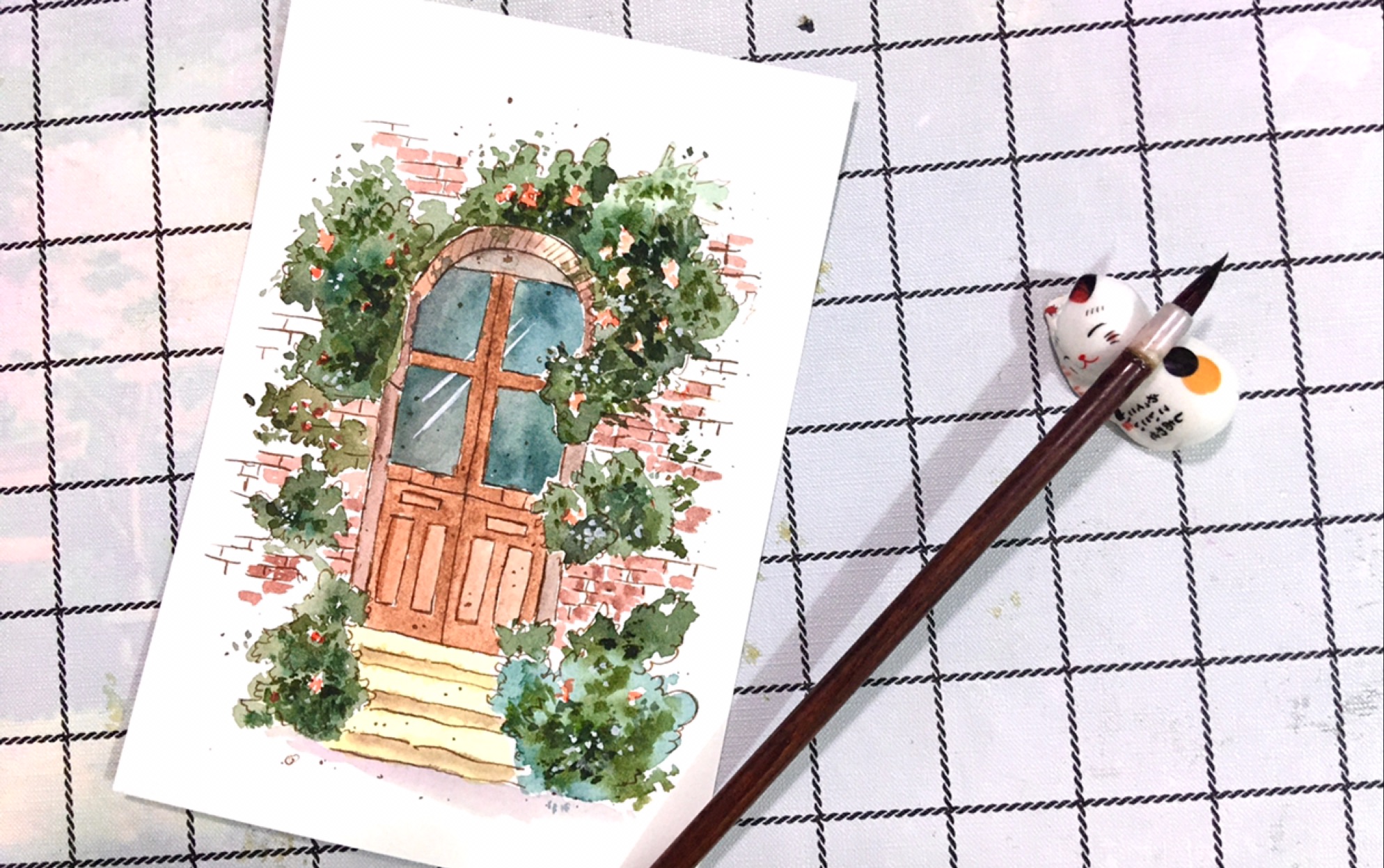 钢笔淡彩,蔷薇花墙