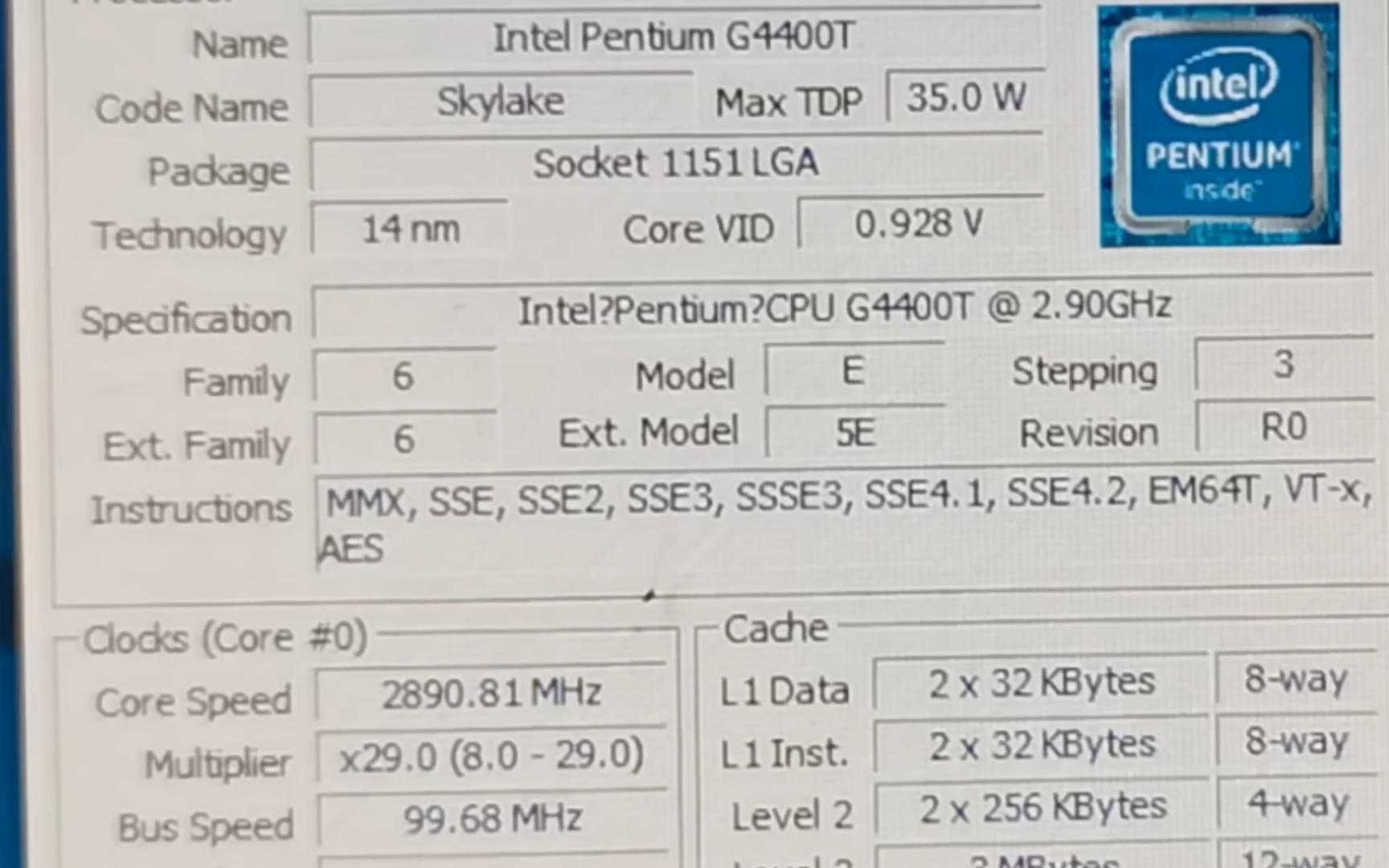 低功耗~intel pentium奔腾g4400t处理器默频状态下性能参数和cpu-z