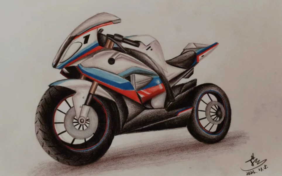 彩铅手绘 彩铅画 摩托车 机车 赛车