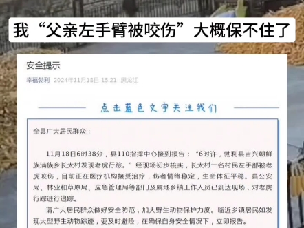 黑龙江长太村一村民被两只老虎攻击!官方通报:被咬伤大爷已经送往医院治疗!目前生命体征平稳!相关部门已经到达现场,正对老虎全面追踪行踪!哔...