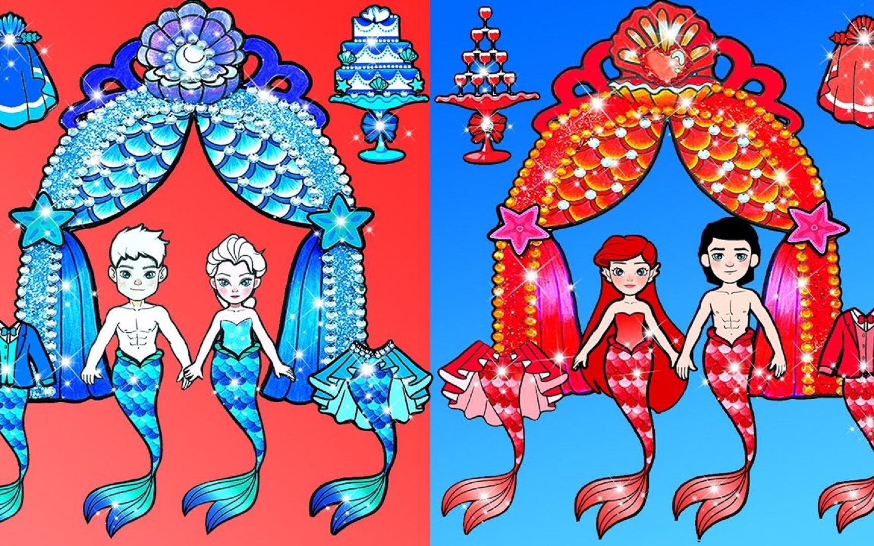 美人鱼和艾莎公主海底王国婚礼设计,海蓝色vs金红色,哪款好看?