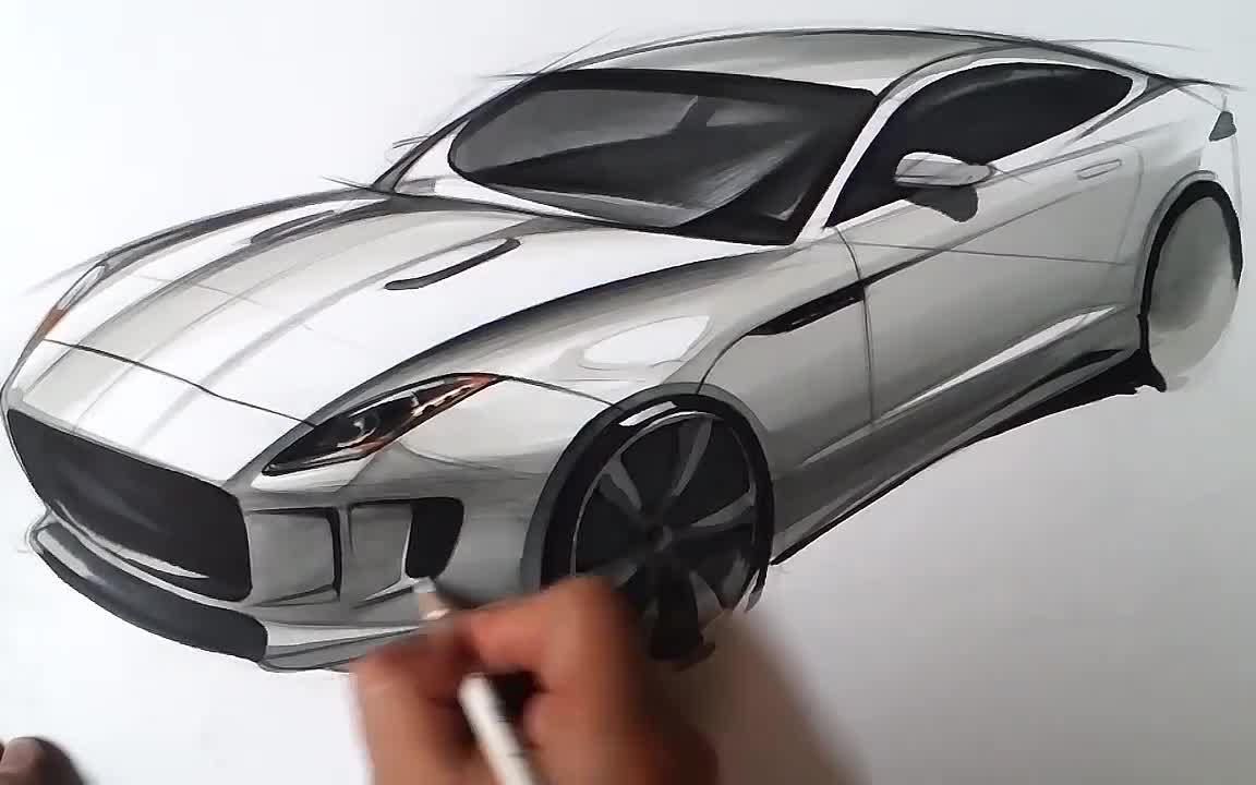 捷豹汽车手绘马克笔上色jaguar c-x16 bird eye view sketch (color