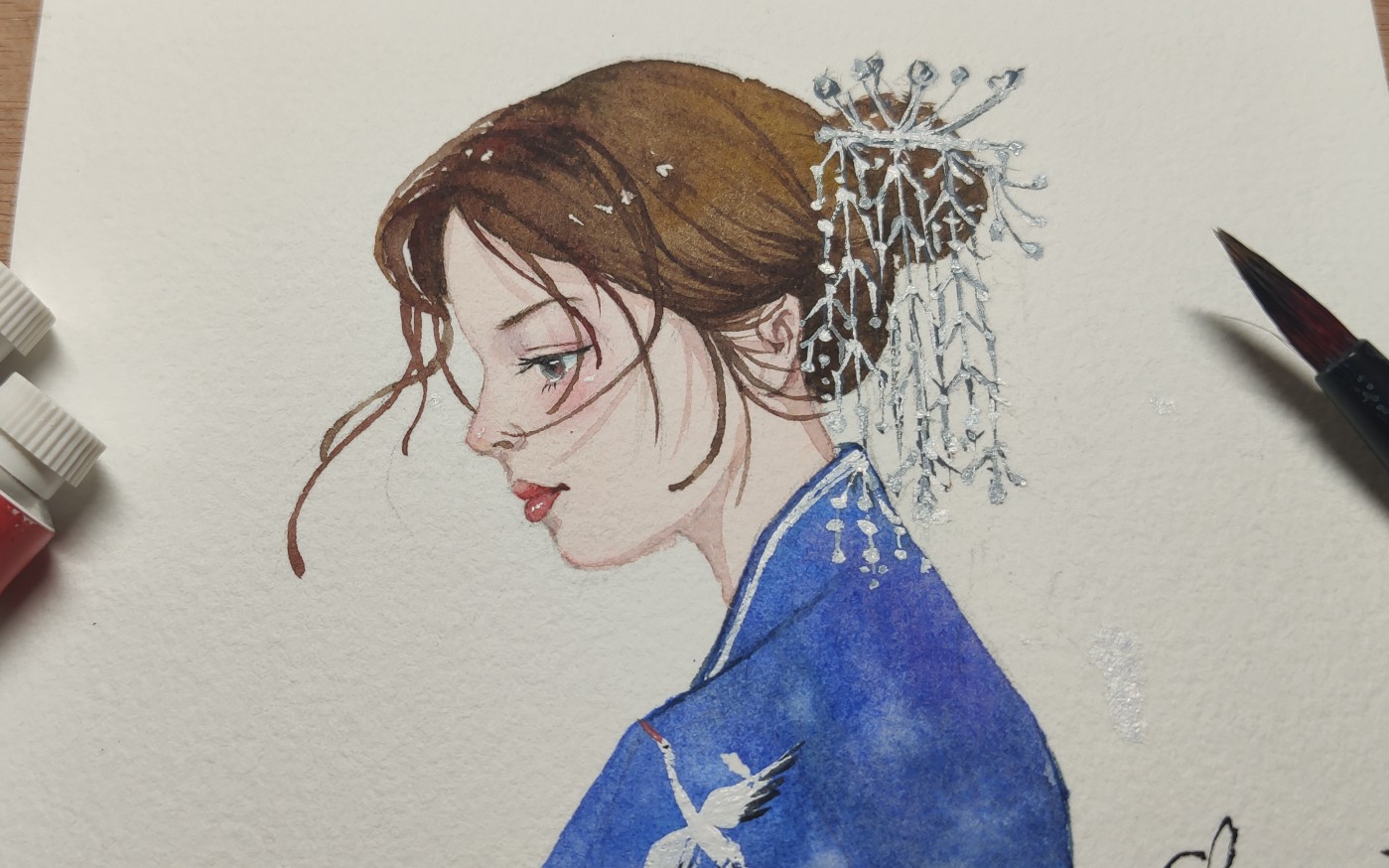 【水彩】女生水彩头像,第一次画古风的