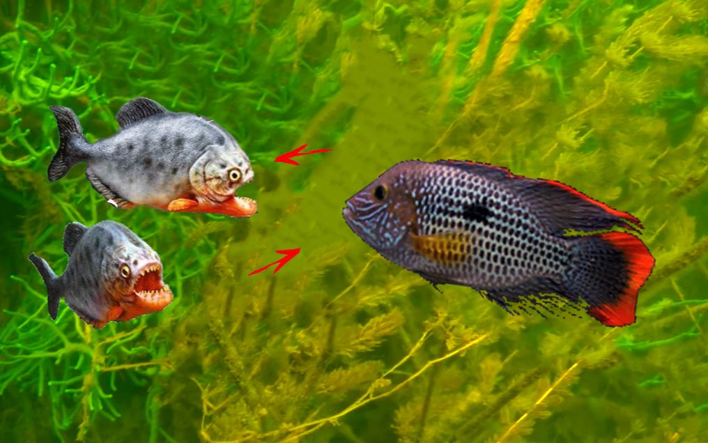 鱼缸里放了两条食人鱼和一条红尾皇冠鱼,看看谁能更厉害一些