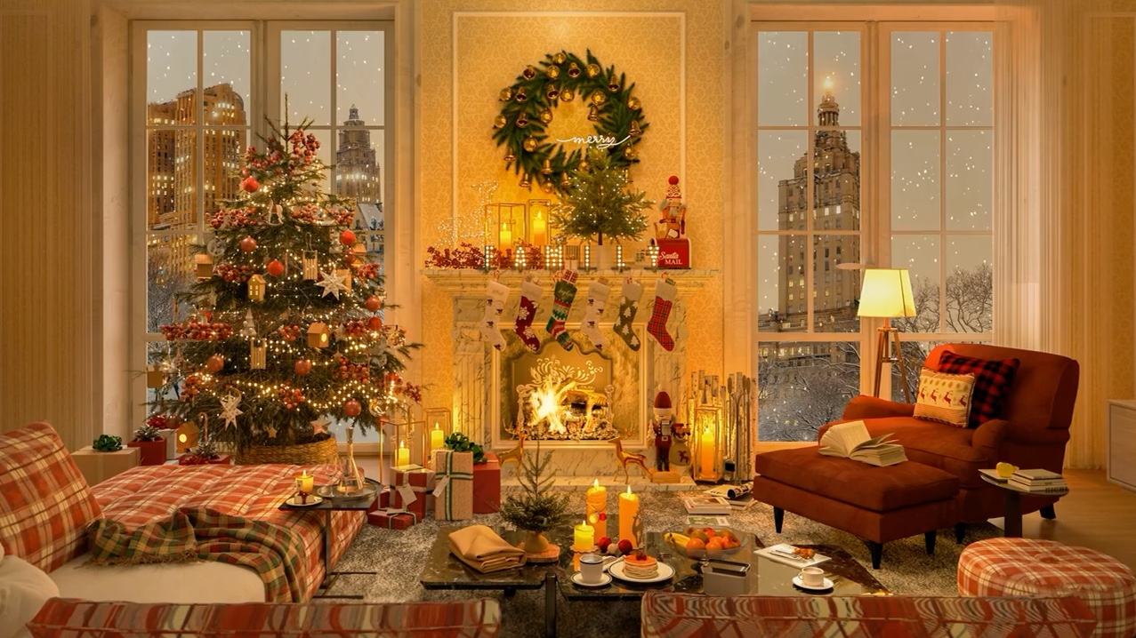 温暖舒适的圣诞小屋,雪花飘落,轻松爵士乐