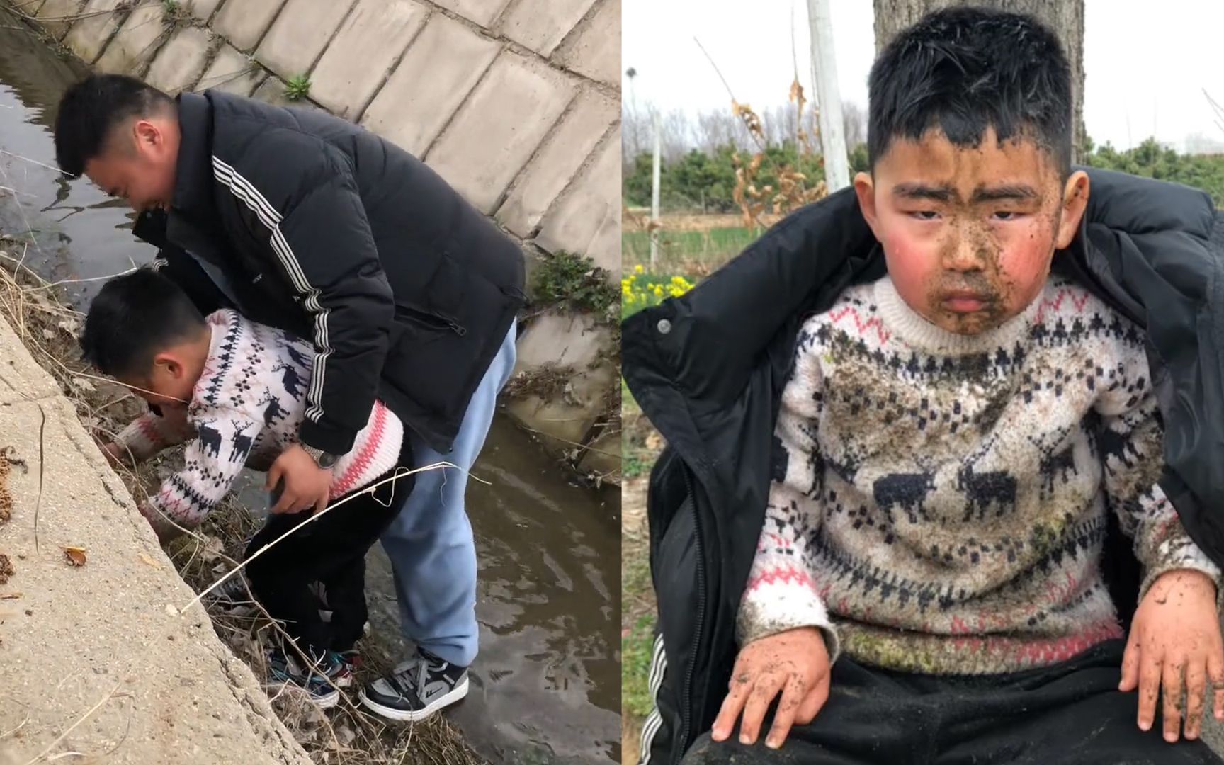 男孩学骑自行车掉进臭水沟爸爸舀起臭水给儿子洗脸妈妈笑喷