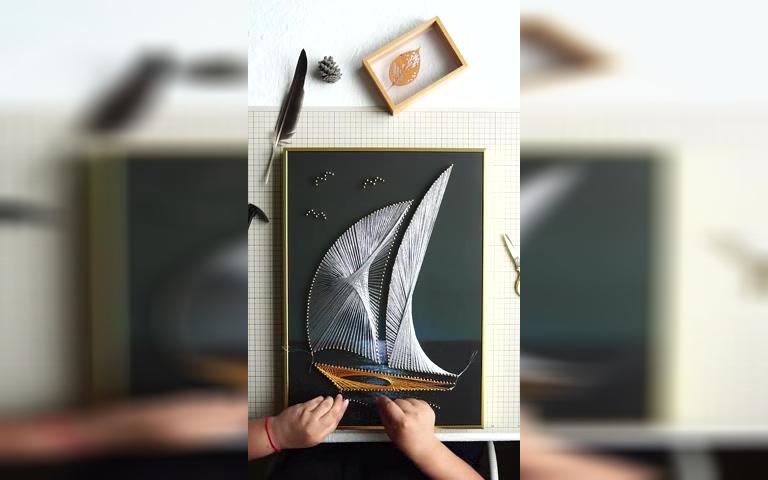 弦丝画墙蛙弦丝画帆船diy绕线制作