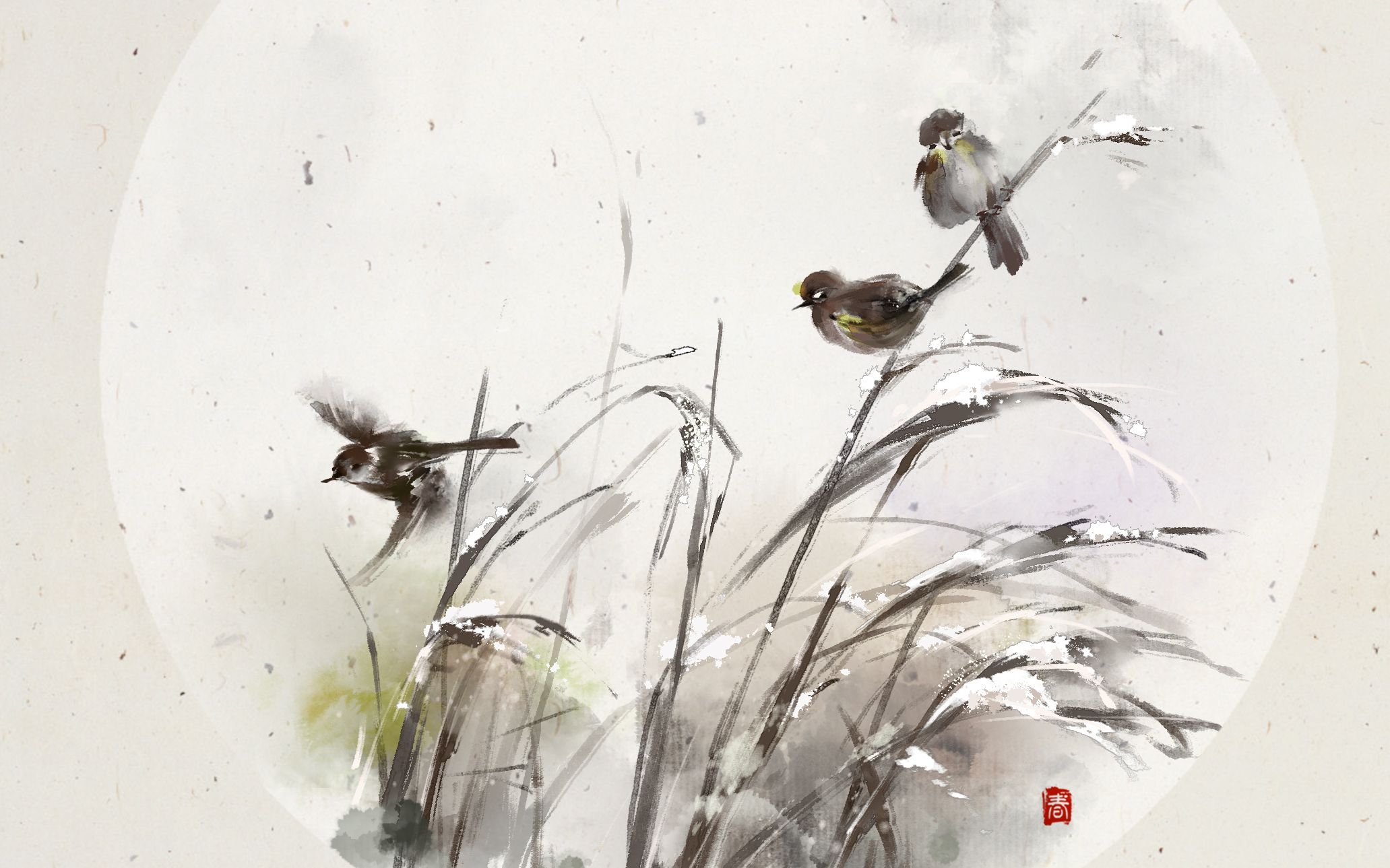 水墨板绘鸟杂草和雪