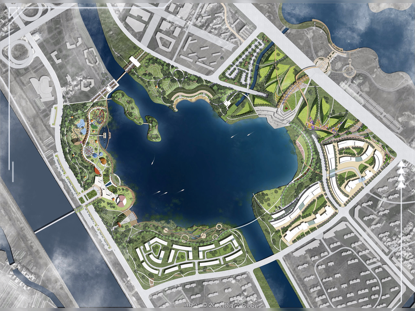 psd 素材城市滨水公园彩色平面图 ps生态湿地广场景观规划设计彩平