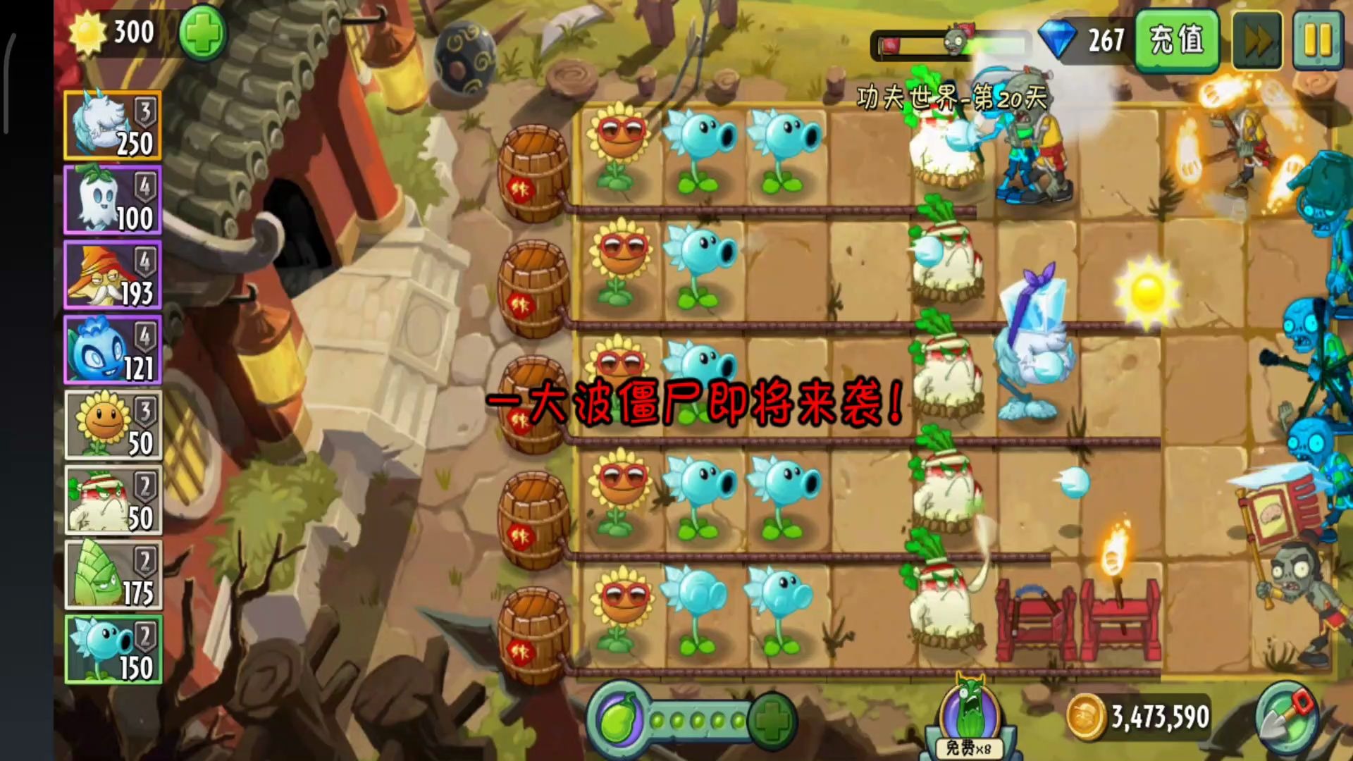 pvz2功夫世界第20天寒冰射手專滅火