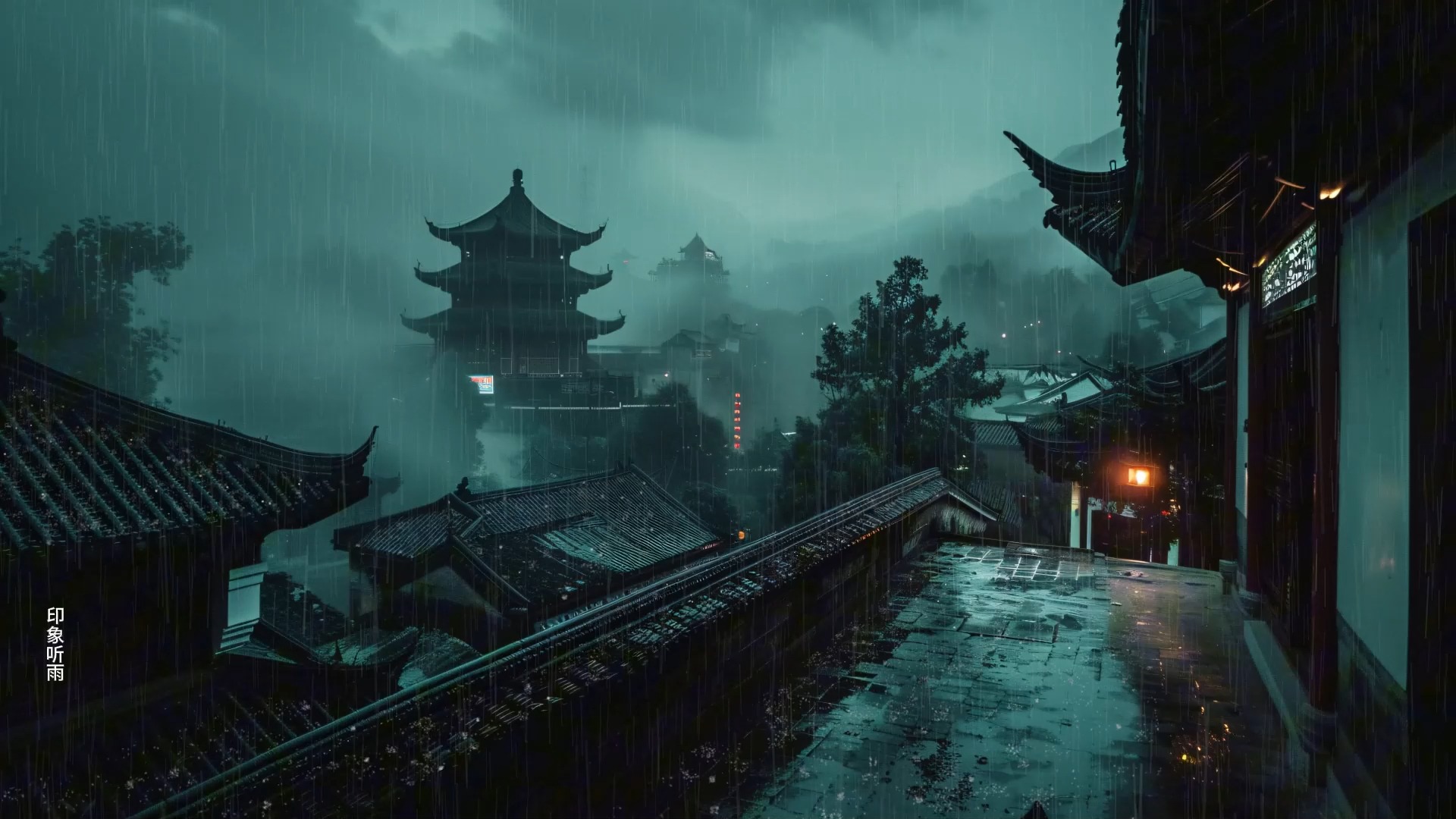 雨夜寺庙,沉浸式氛围,雨下的古寺宁静祥和!