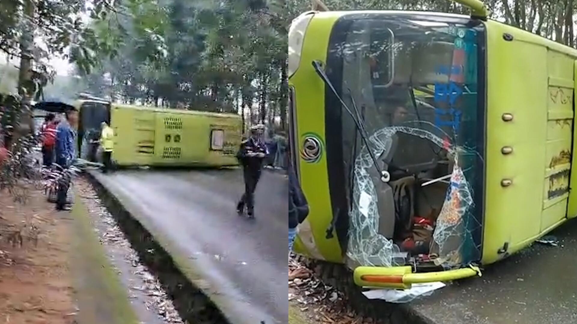 海南一大巴突然失控侧翻乘客砸破车窗逃生现场画面惨不忍睹