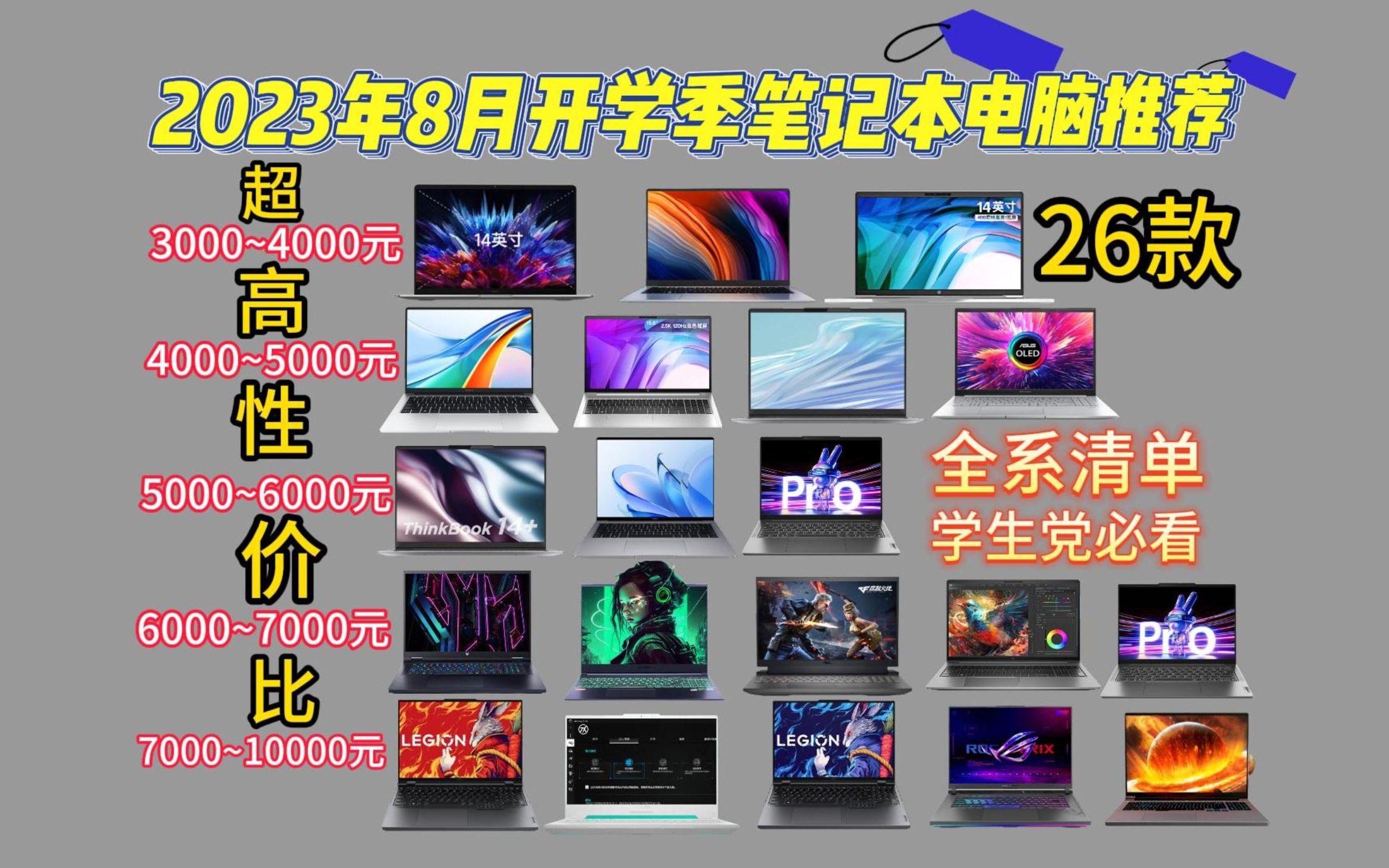 [图]【学生电脑】2023年8月笔记本电脑汇总清单！大学生【轻薄本、游戏本、全能本】全价位推荐！3000-9000元！！！