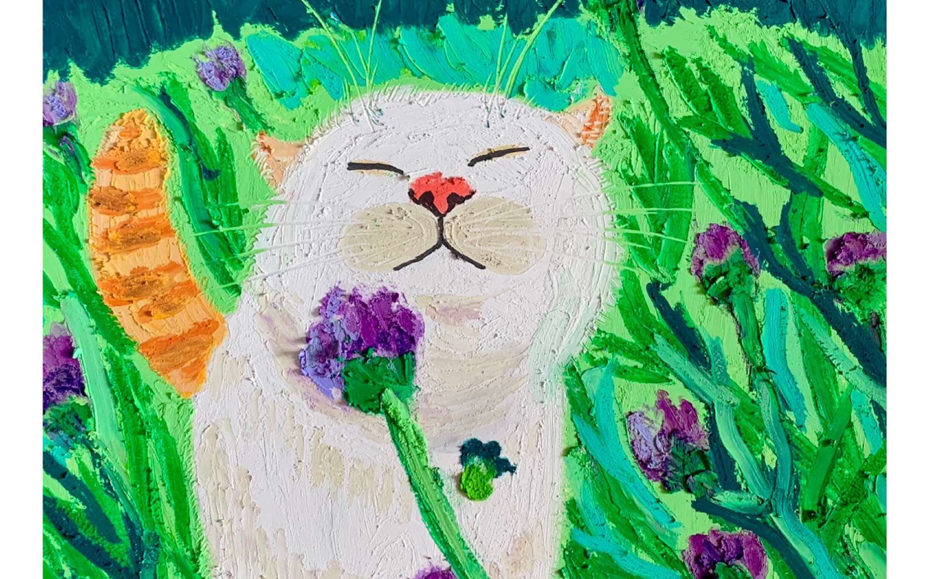 手绘小喵咪享受花丛中教你怎样用油画棒画一只猫