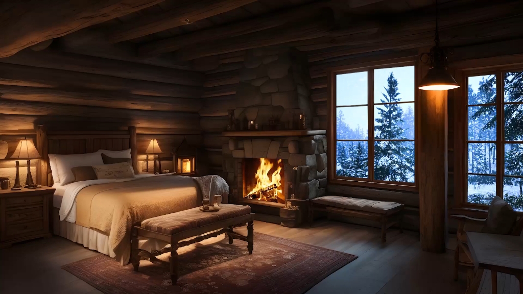 木屋雪景壁炉图片
