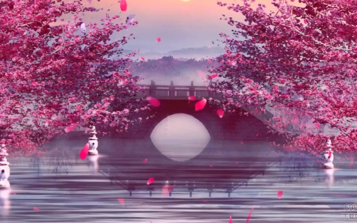 绝美粉嫩桃花小桥倒影