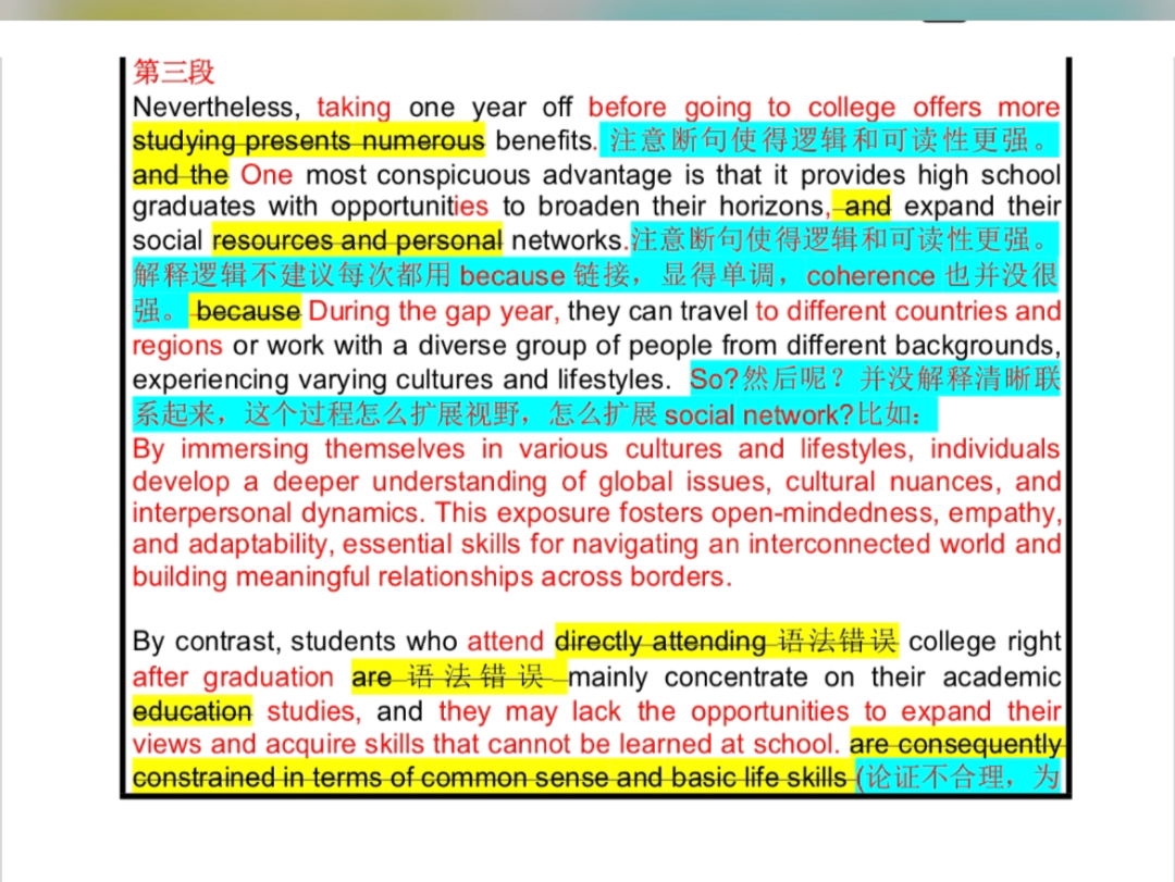 挑战全网最详细/雅思写作7+大作文 批改/精批:高中生gap year的利弊之分哔哩哔哩bilibili