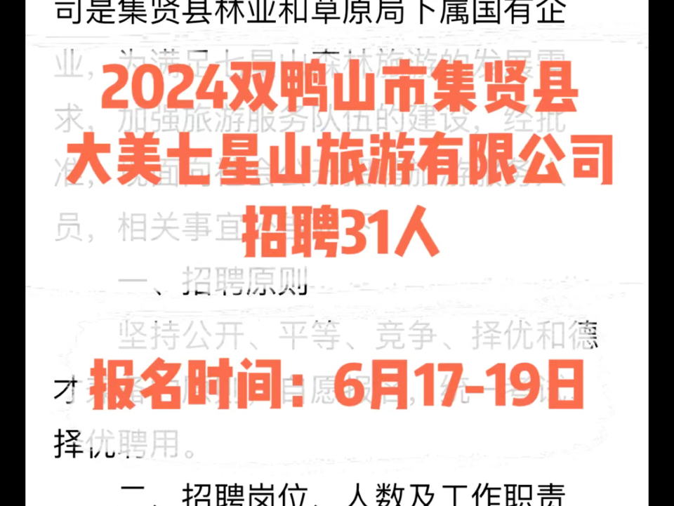 2024双鸭山集贤县大美七星山旅游有限公司招聘31人.报名时间:6月1719日哔哩哔哩bilibili