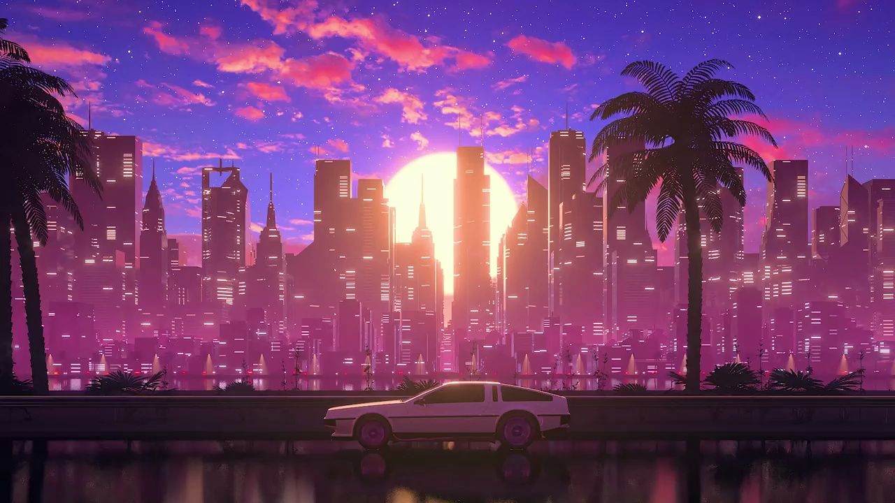 y1543 曾经的你 歌曲配乐 梦幻唯美大圆月亮粉色霓虹灯城市灯火通明