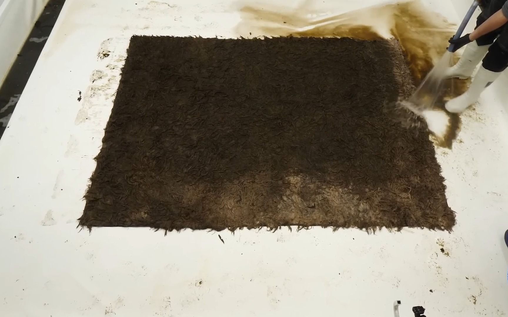 清洗一张掉进粪坑里的超脏地毯,猜猜原本是什么颜色?