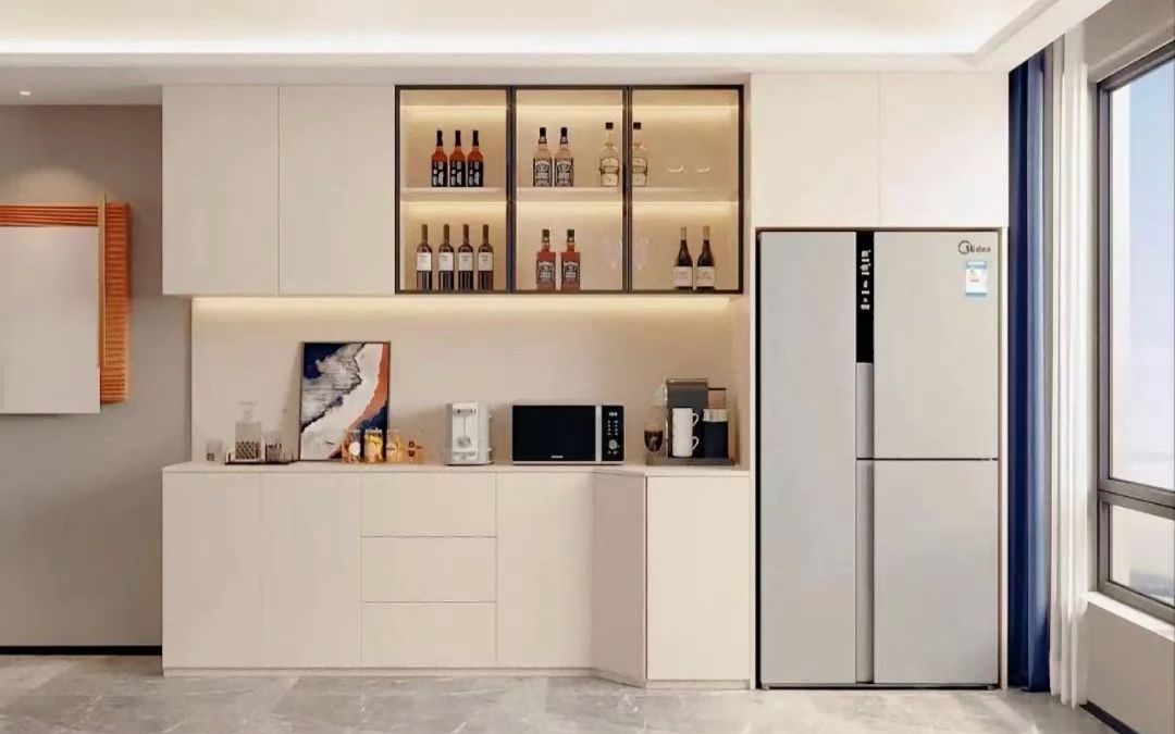 餐边柜酒柜设计,免拉手显简洁,嵌入式冰箱