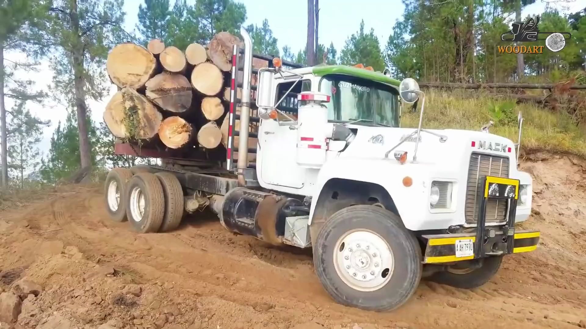 严重超载的木材运输车通过泥泞的山路