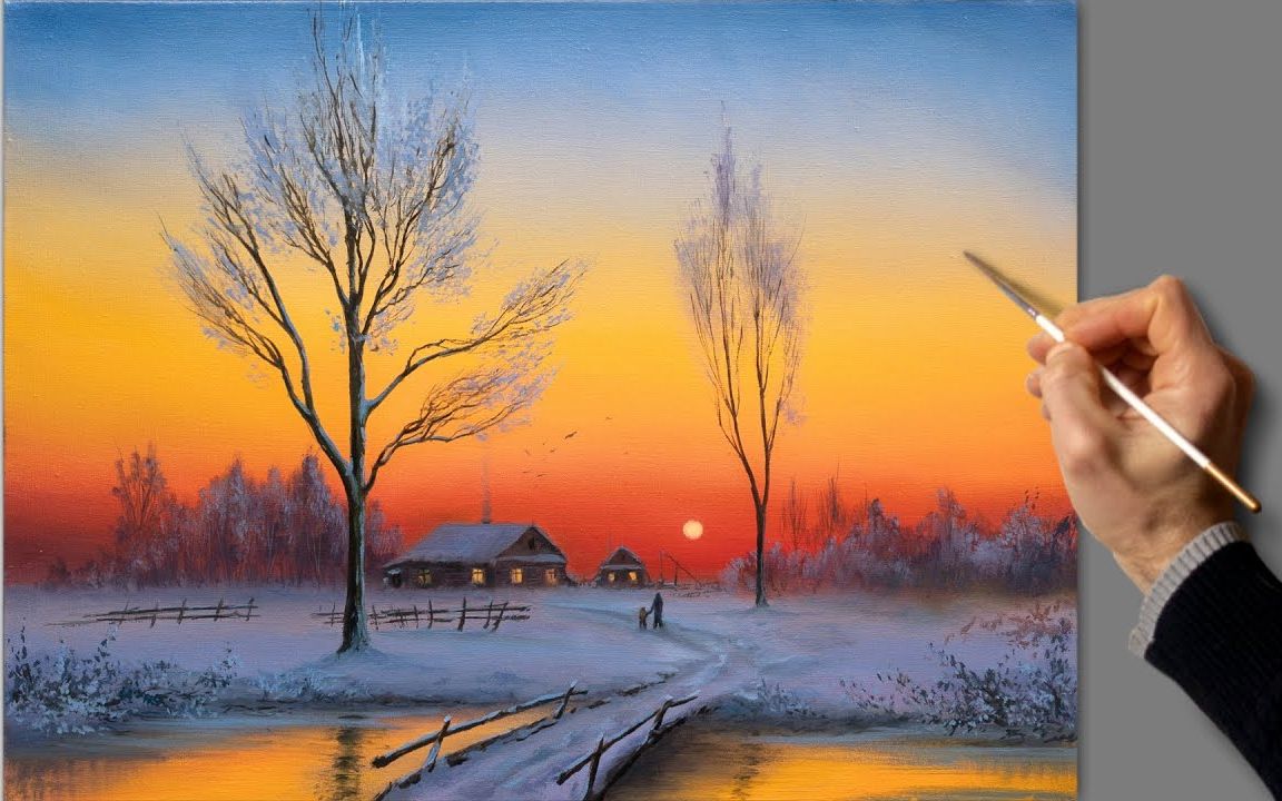 【丙烯画】如此唯美的冬季落日,谁会不爱呢?