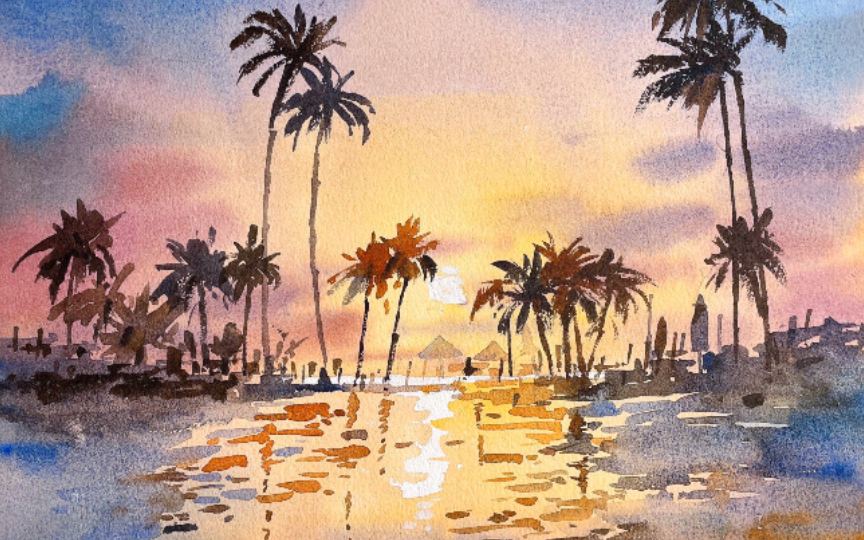 水彩画海边日落图片