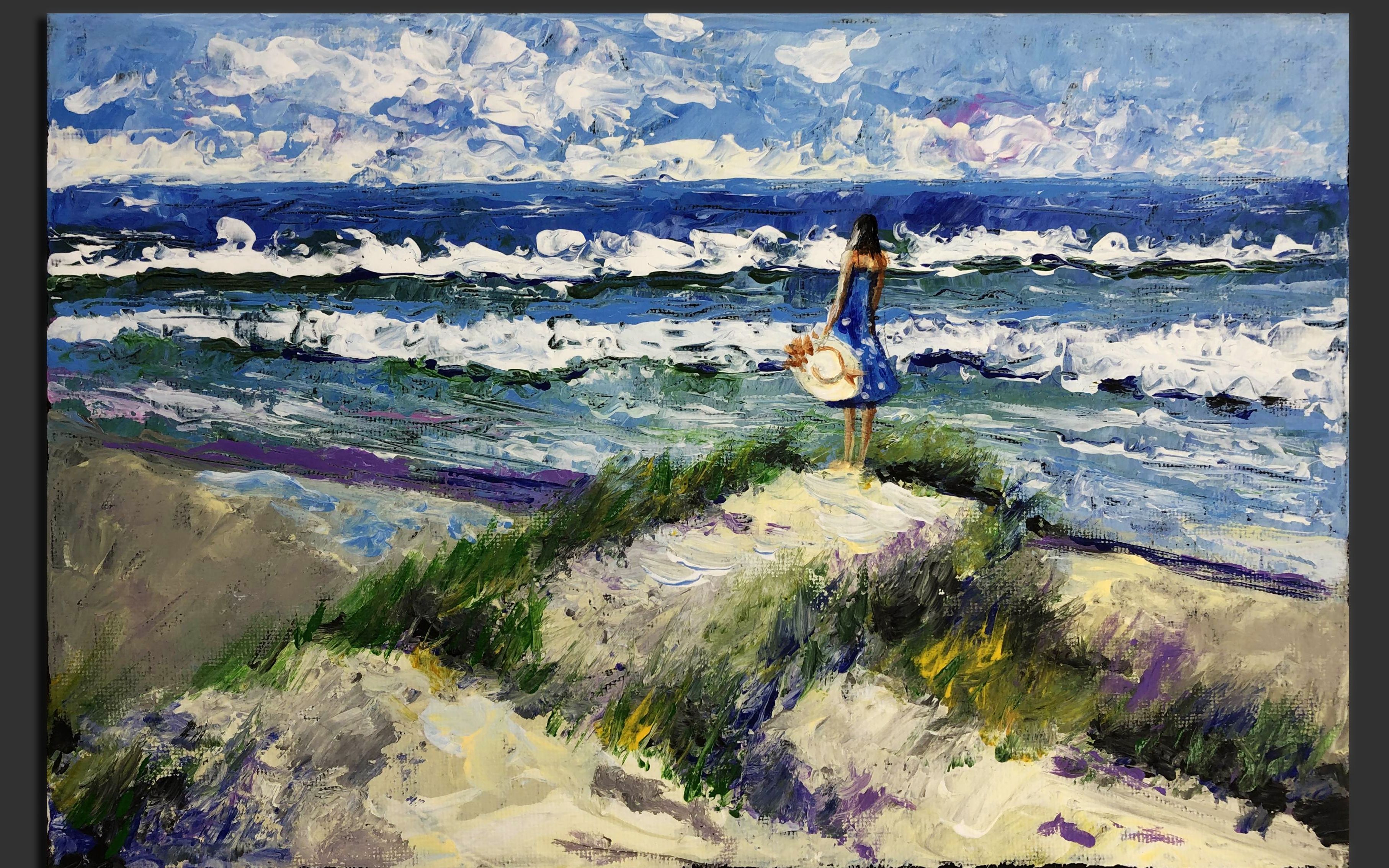 在海滩上,海水是温柔的 diy创意绘画,丙烯画, 油画,手绘艺术,绘画技巧