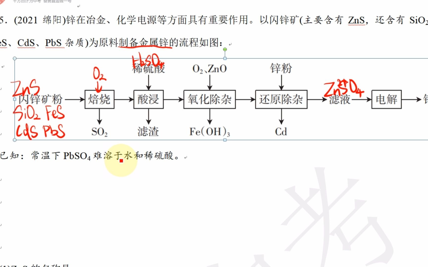 22领跑优化工艺流程5.(2021绵阳)锌在冶金、化学电源等方面具有重要作用.以闪锌矿(主要含有ZnS,还含有SiO2和少量FeS、CdS、PbS杂质)为原料制...