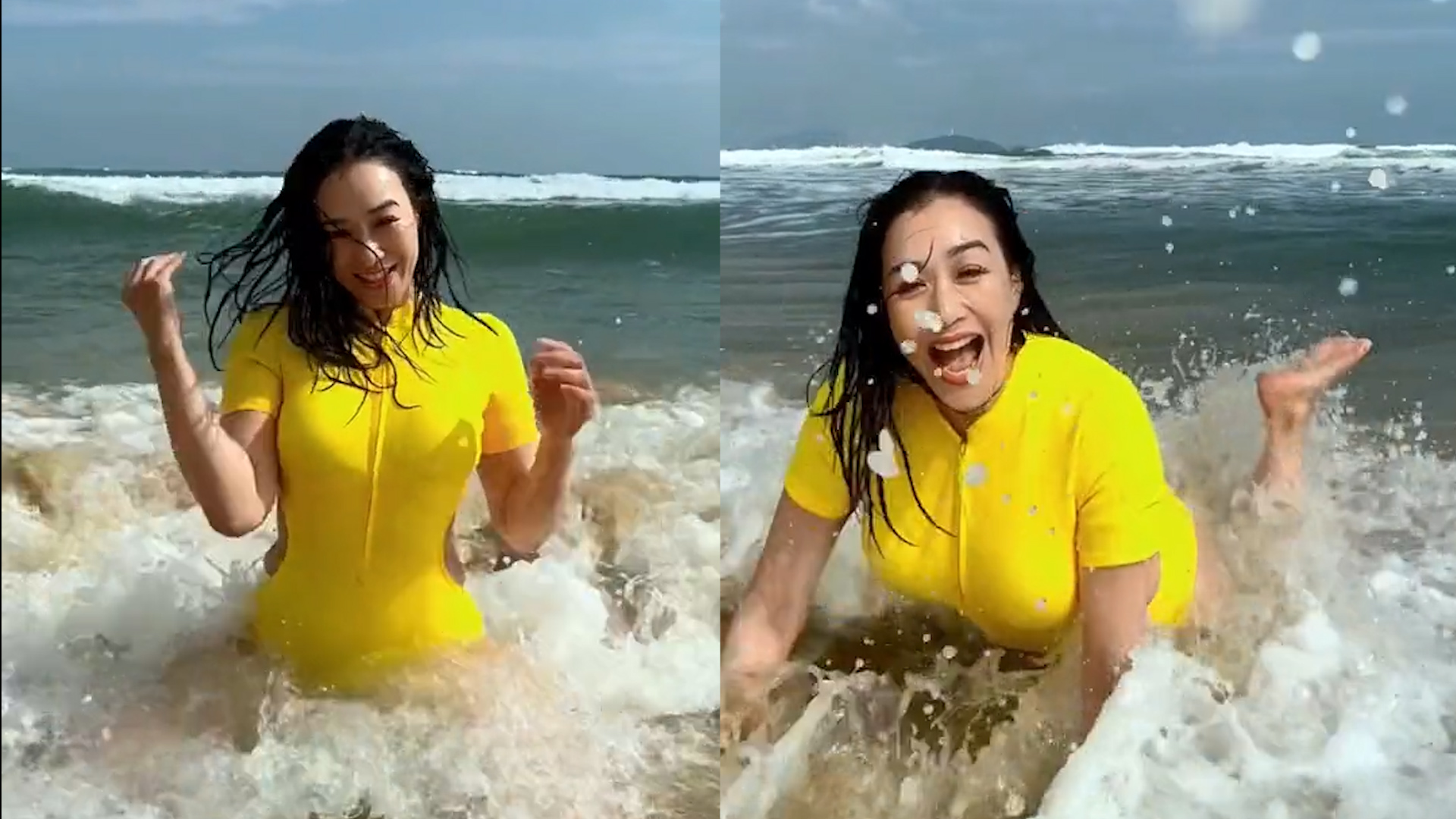 钟丽缇穿性感泳衣海边嗨玩,跪地拍照被海水冲趴下,身材超火辣