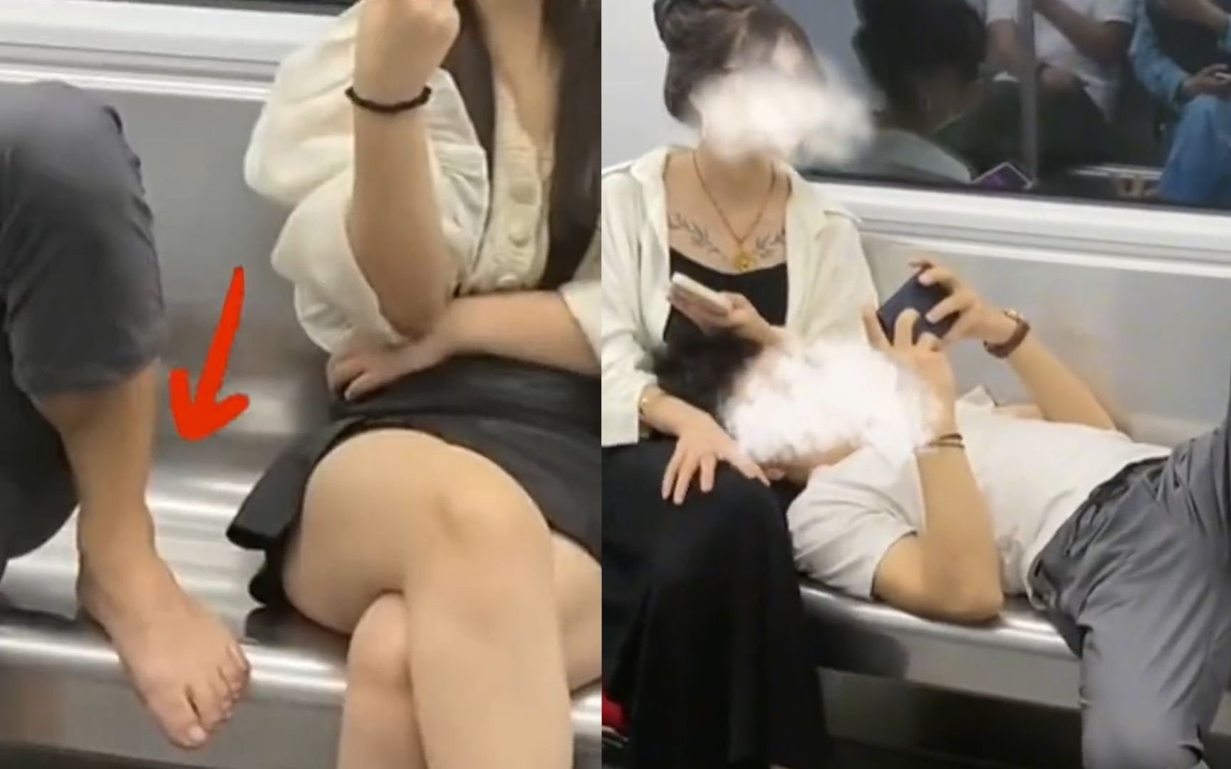 男子光脚踩地铁位置上,一人占仨座枕女友大腿悠然自得,路人看呆