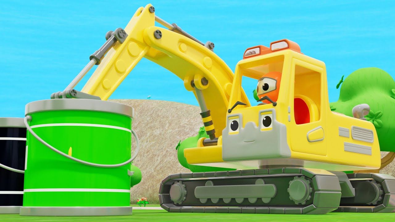 益智动画:挖掘机从油漆桶里勾起油漆 早教 益智 育儿 儿童动画