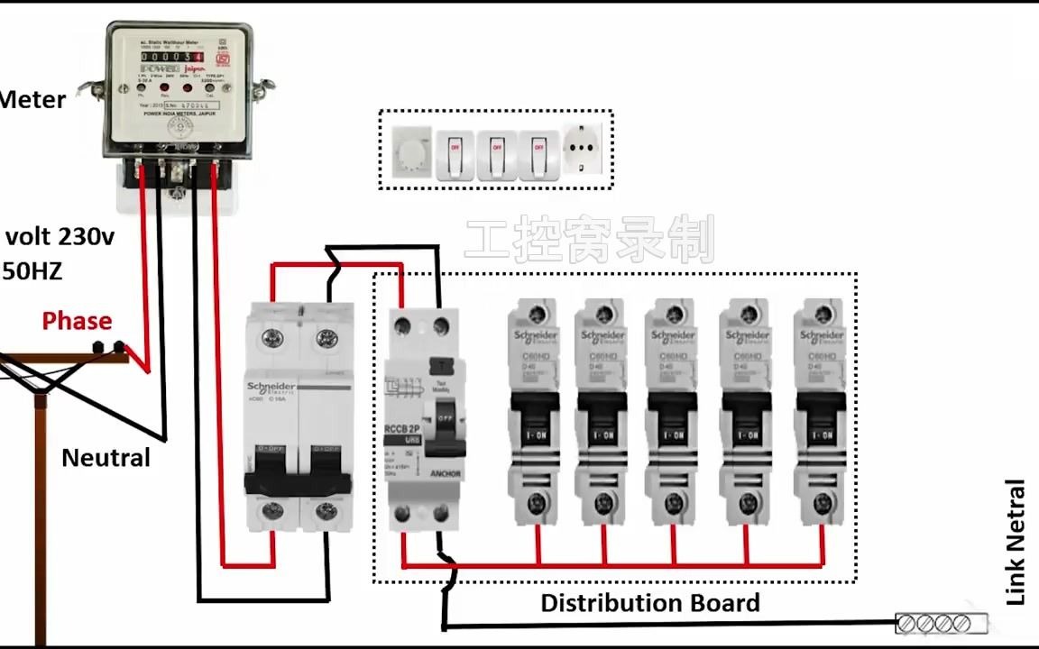 家庭用电接线简图,从电线杆到电表,经断路器到电灯一应俱全.哔哩哔哩bilibili