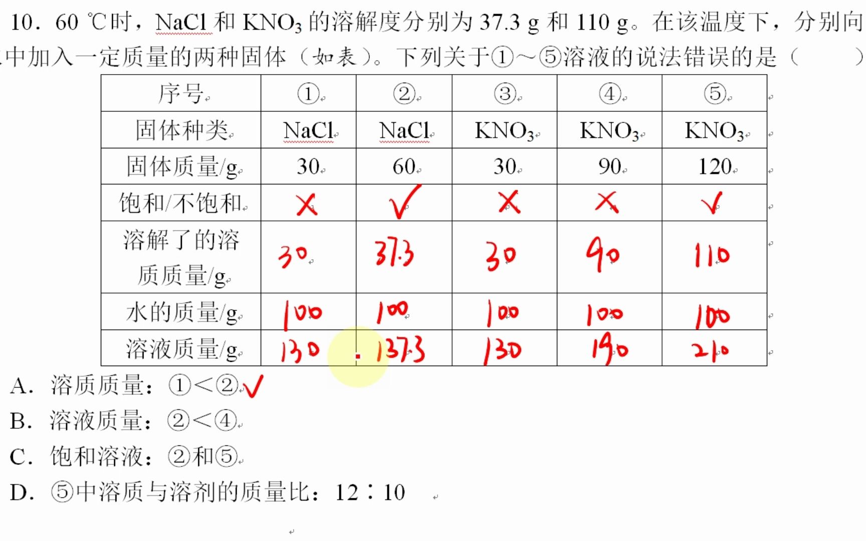 23课时p92 10.60 ℃时,NaCl和KNO3的溶解度分别为37.3 g和110 g.在该温度下,分别向100 g水中加入一定质量的两种固体(如表).下列哔哩哔哩...