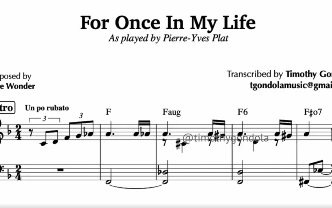 [图]搬运|【乐谱】For Once In My Life- Pierre-Yves Plat (Piano Transcription)