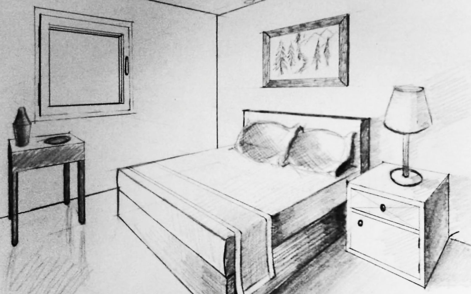 两点透视卧室手绘线稿图片