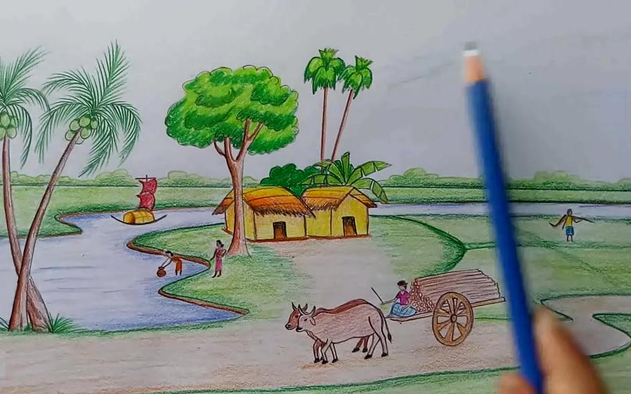 如何画农村的风景田园生活彩铅绘画作品