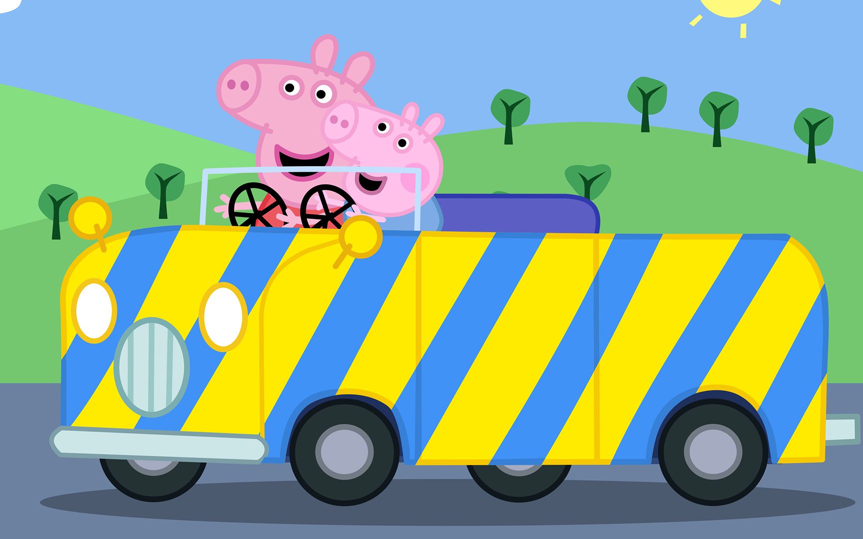 小猪佩奇和乔治开双方向盘条纹车