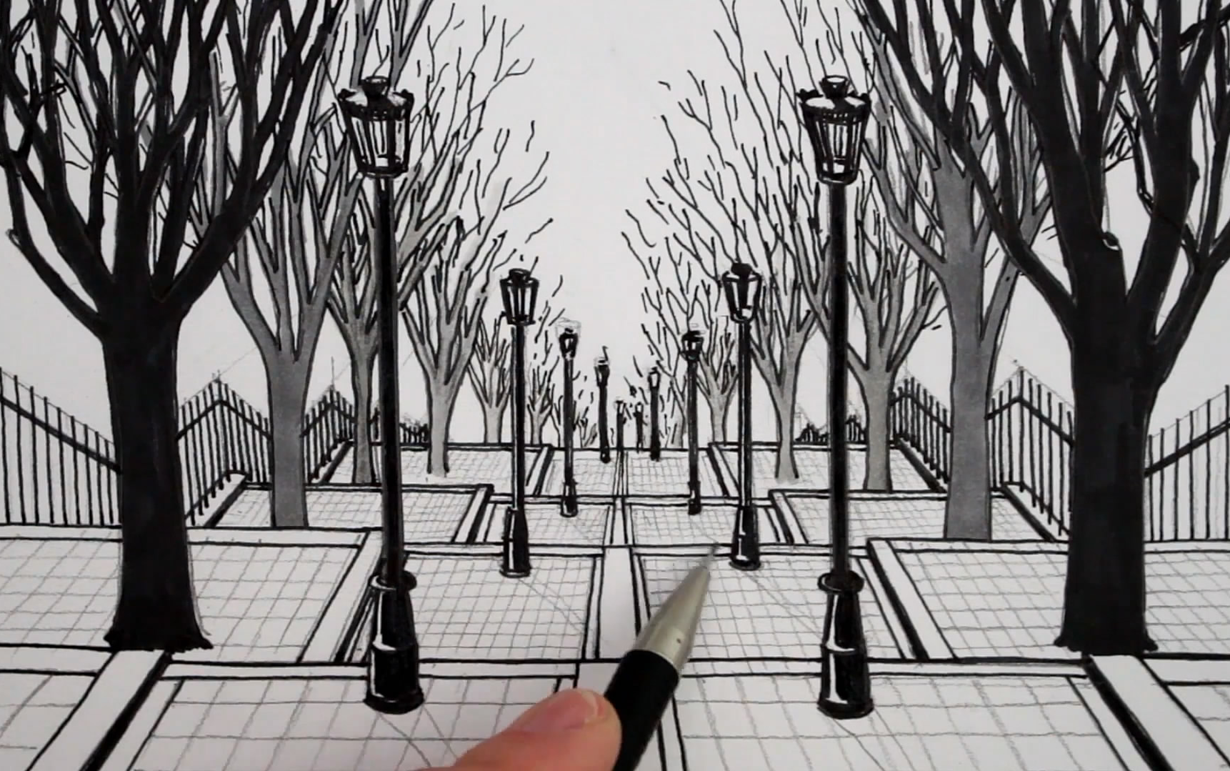 【绘画技巧】1点透视画街景(公园小路)_哔哩哔哩_bilibili