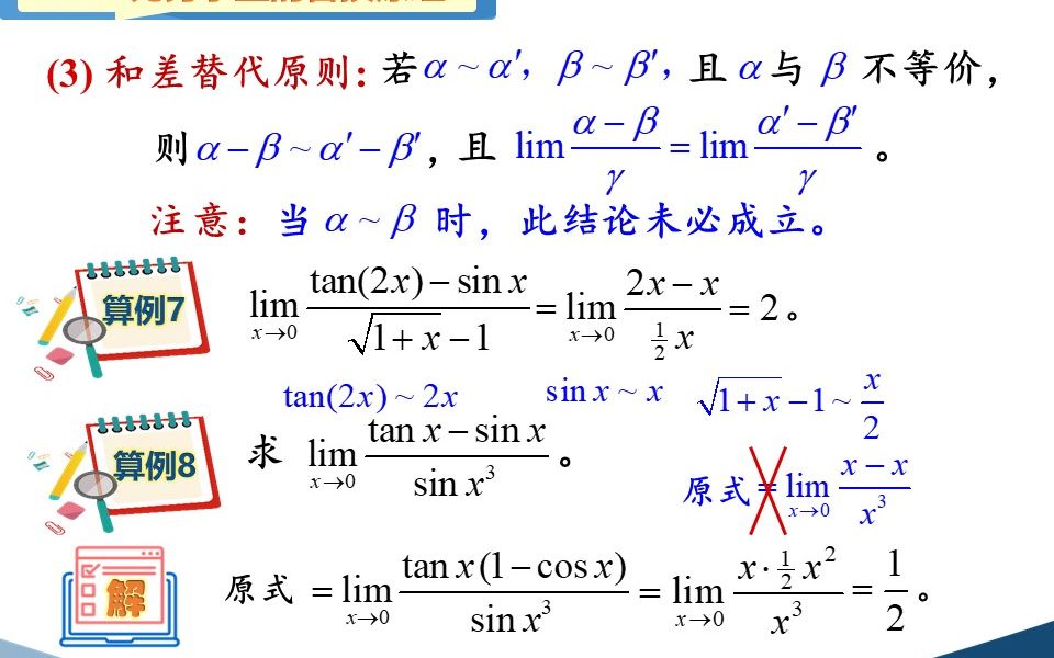 高等数学(同济版)视频:1.7 等价无穷小替换原理.详细讲解等价无穷小替换原理的内容、过程、注意事项及典型算例,包括一些初学者和复习考研者经常...