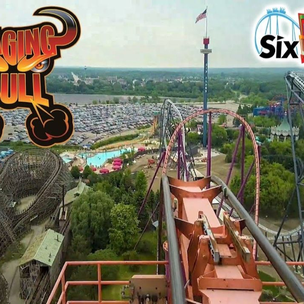 4K POV Raging Bull Roller Coaster On Ride Front Seat Six Flags