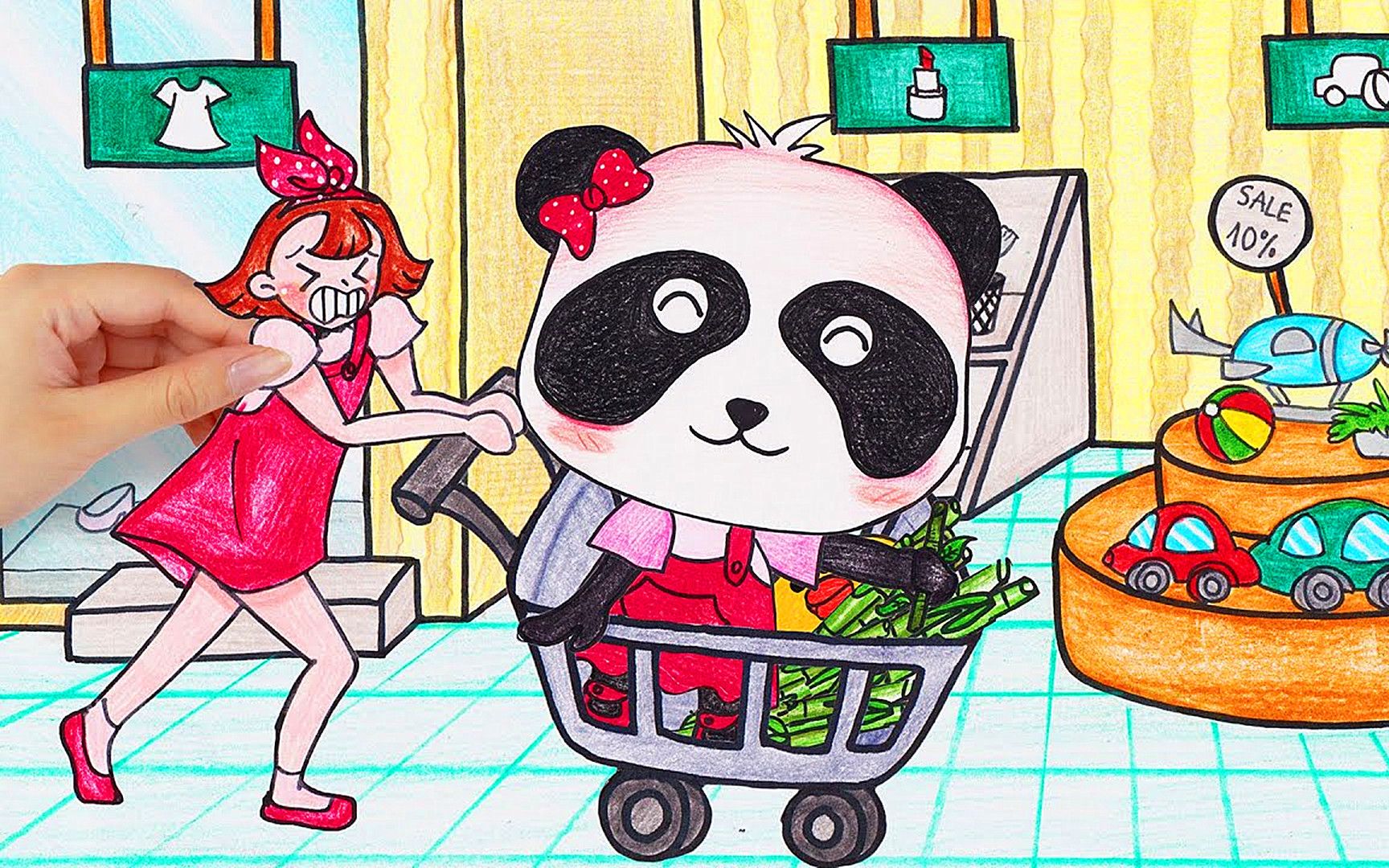 趣味定格动画:有趣的一天,小美带着小熊猫逛超市,好开心吖!