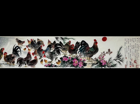 朝鲜画(长卷)《百鸡图》,林波(功勋艺术家),尺寸10.5/0.