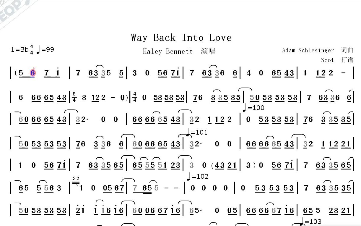 way back into love (haley bennett演唱)--动态简谱