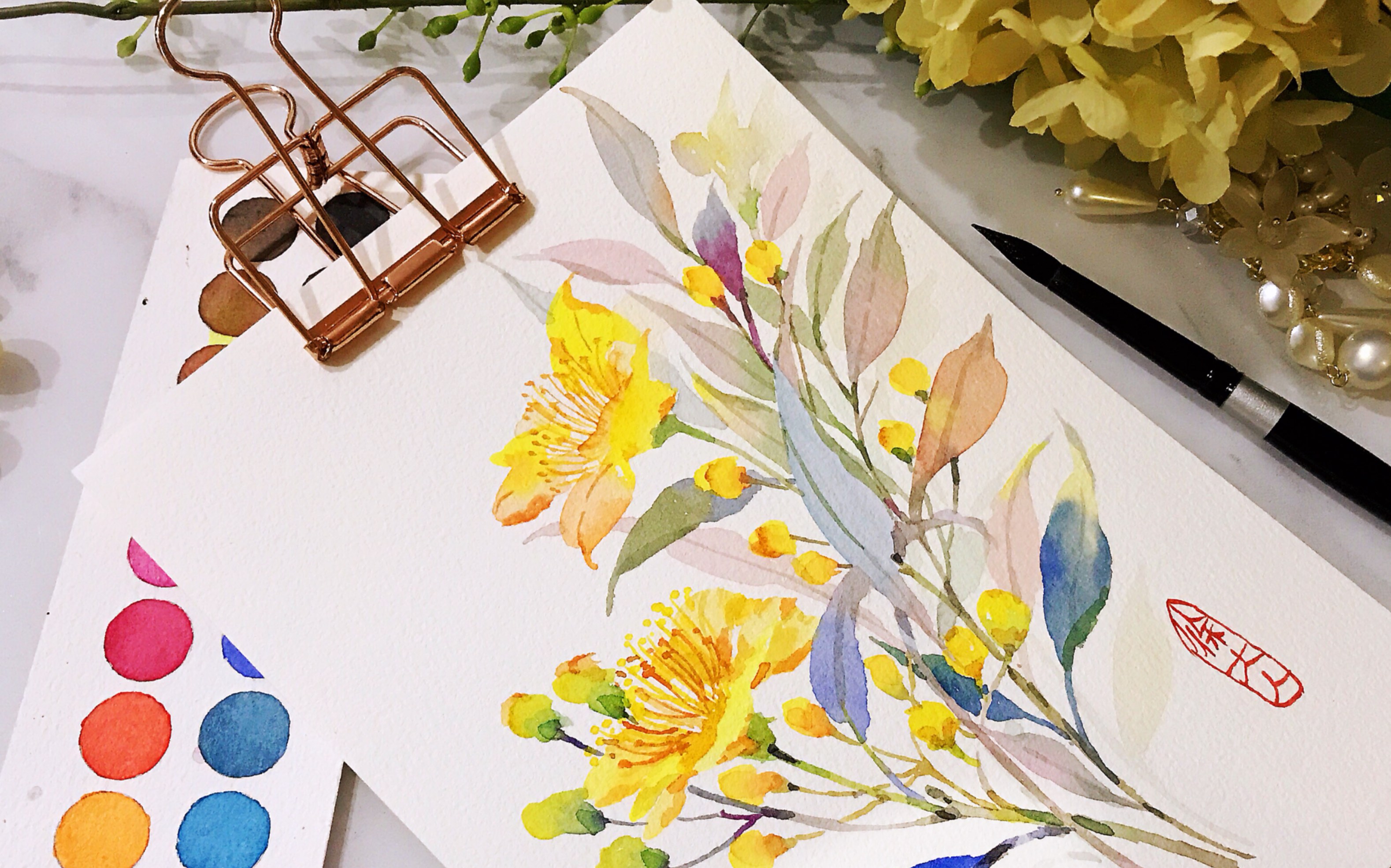 活动作品水彩手绘徐大人水彩花卉之金丝桃