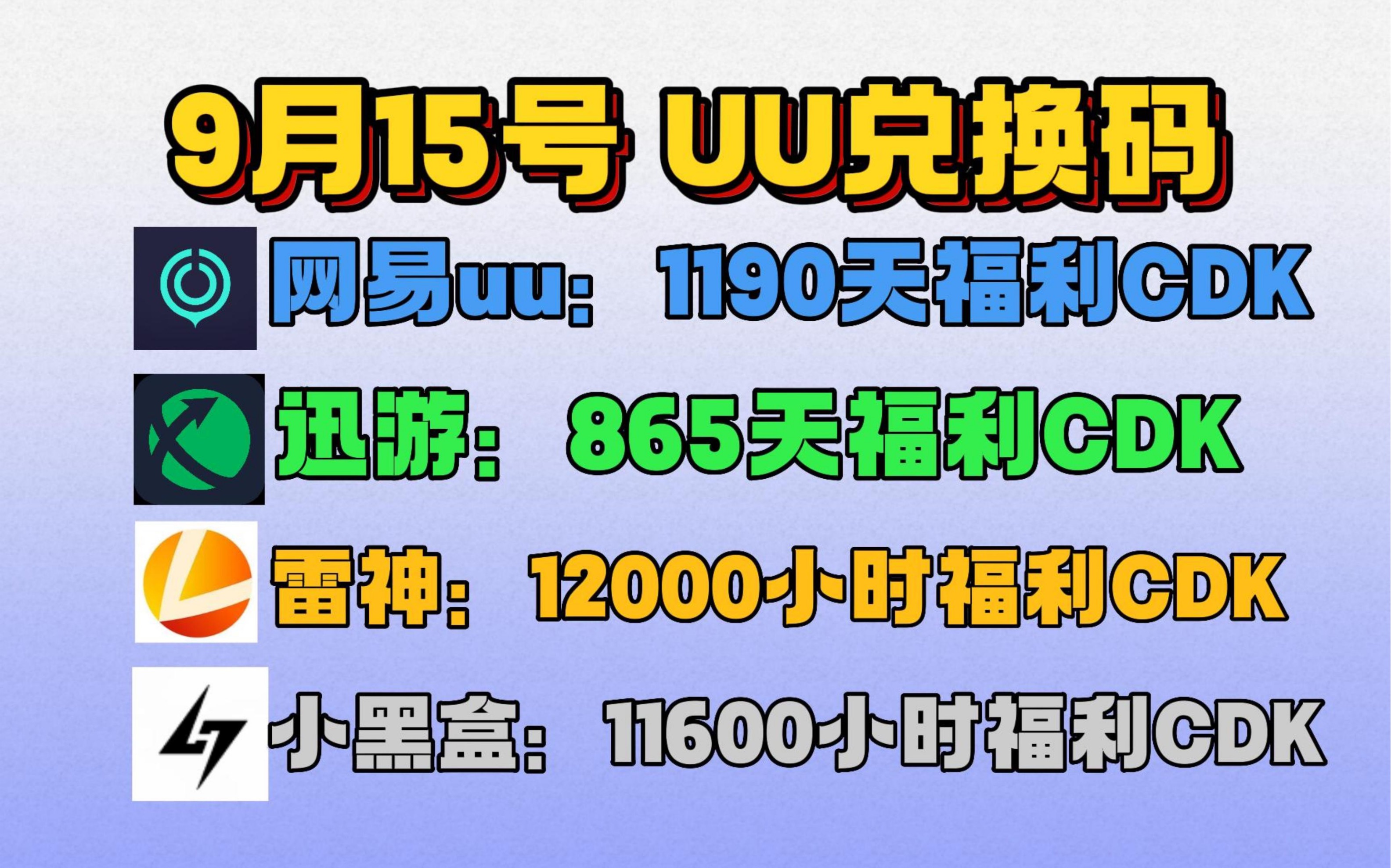 uu加速器9月15日,最新uu24小时口令兑换码,uu免费白嫖1190天 雷神12000小时 迅游856天!还有更多加速器月卡周卡,一人一份游戏资讯