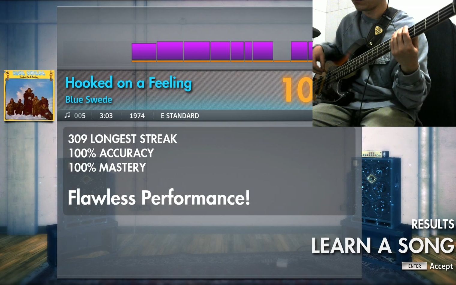 [图]《Hooked on a Feeling》- Blue Suede 摇滚史密斯 Rocksmith 首次录制，贝斯准确率100%